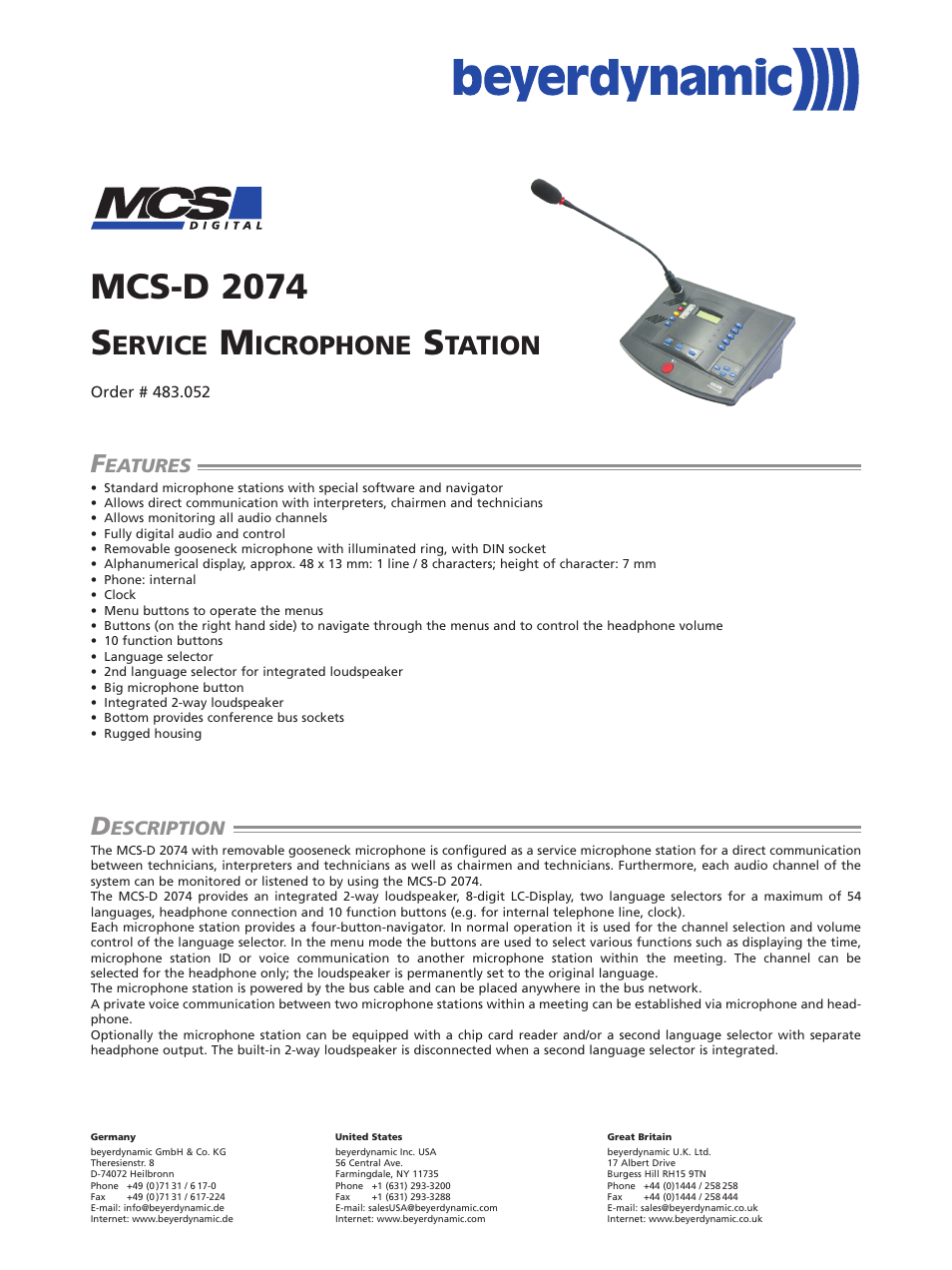 Beyerdynamic MCS-D 2074 User Manual | 2 pages