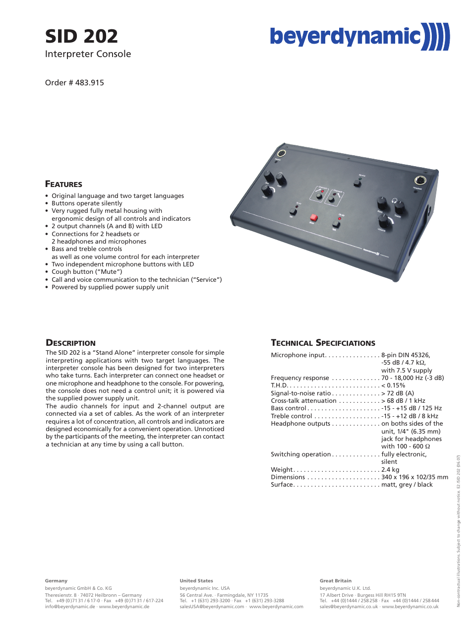Beyerdynamic Interpreter Console SID 202 User Manual | 1 page