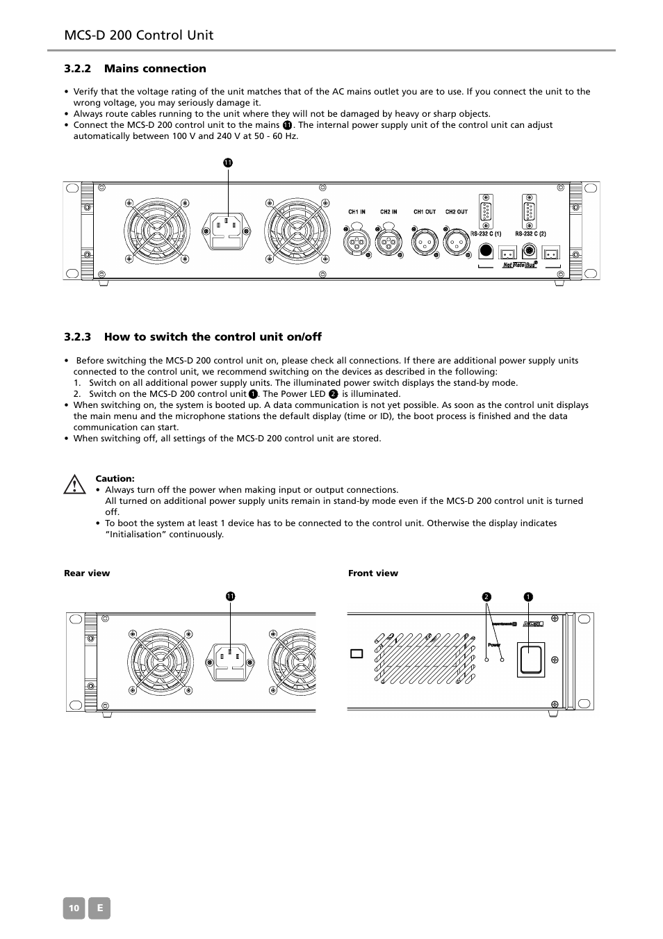 Mcs-d 200 control unit, 2 mains connection, 3 how to switch the control unit on/off | Beyerdynamic MCS-D 200 User Manual | Page 10 / 92