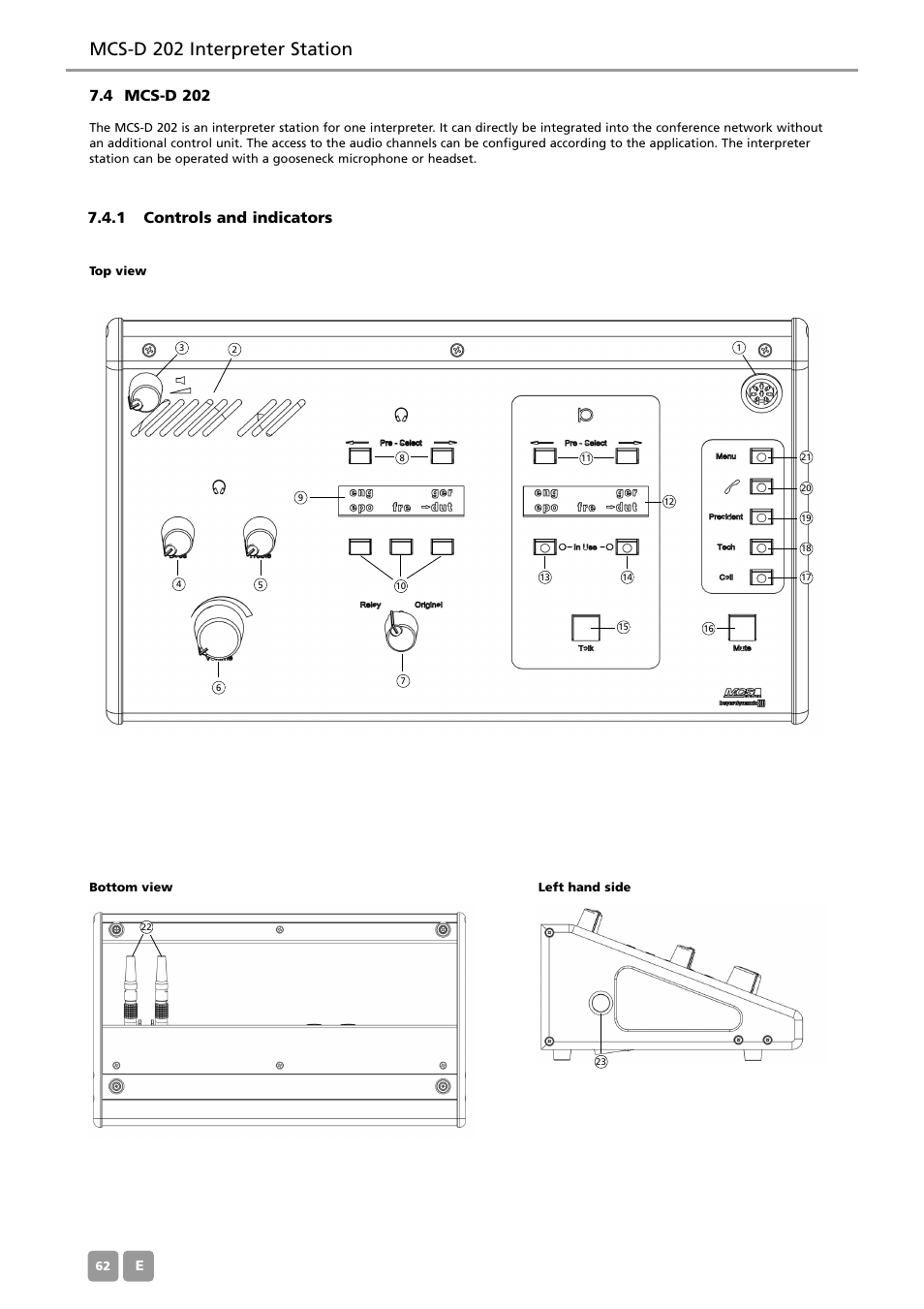 Mcs-d 202 interpreter station, 4 mcs-d 202, 1 controls and indicators | Beyerdynamic MCS-D 200 User Manual | Page 62 / 92