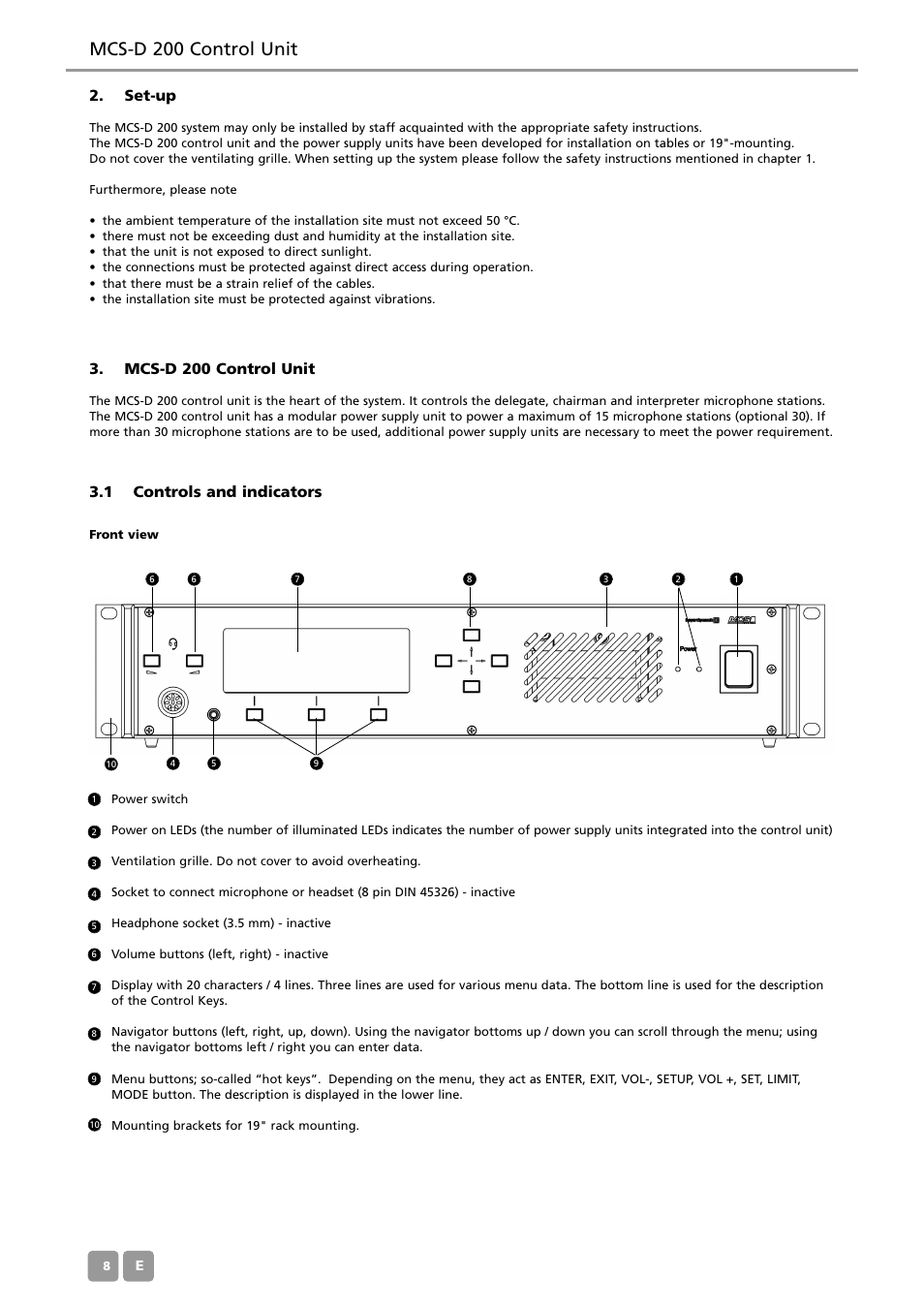 Mcs-d 200 control unit, 1 controls and indicators, Set-up | Beyerdynamic MCS-D 200 User Manual | Page 8 / 92