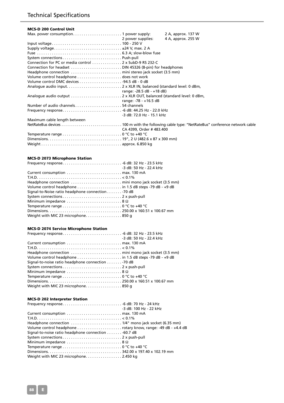 Technical specifications | Beyerdynamic MCS-D 200 User Manual | Page 88 / 92