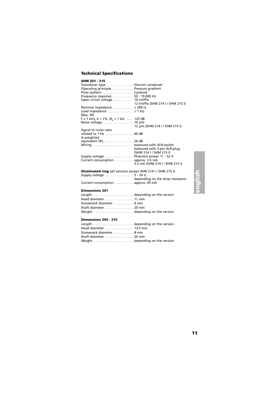 Technical specifications, English | Beyerdynamic SHM 201 - 215 User Manual | Page 11 / 20