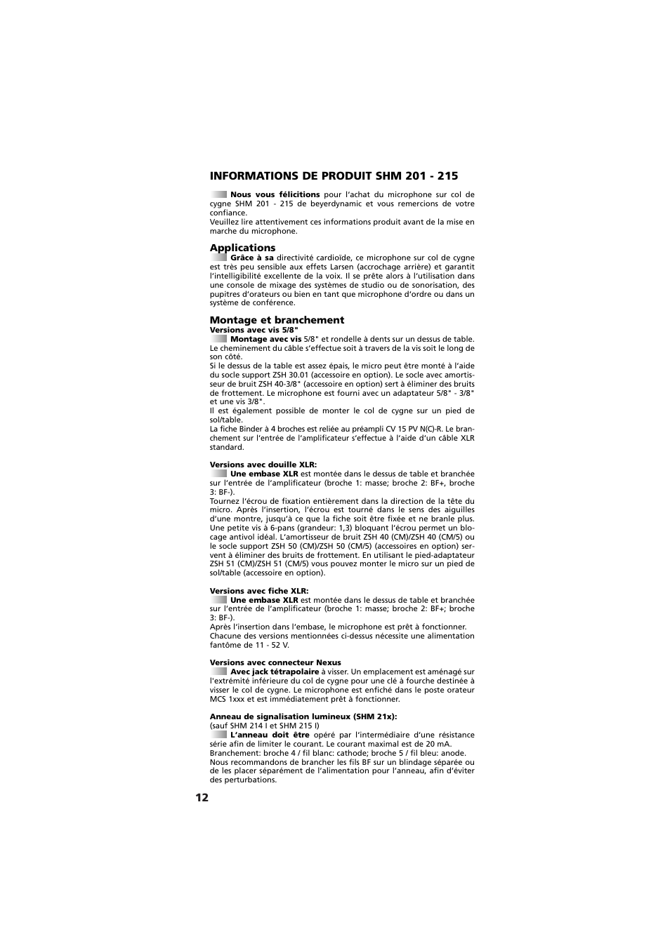 Applications, Montage et branchement | Beyerdynamic SHM 201 - 215 User Manual | Page 12 / 20
