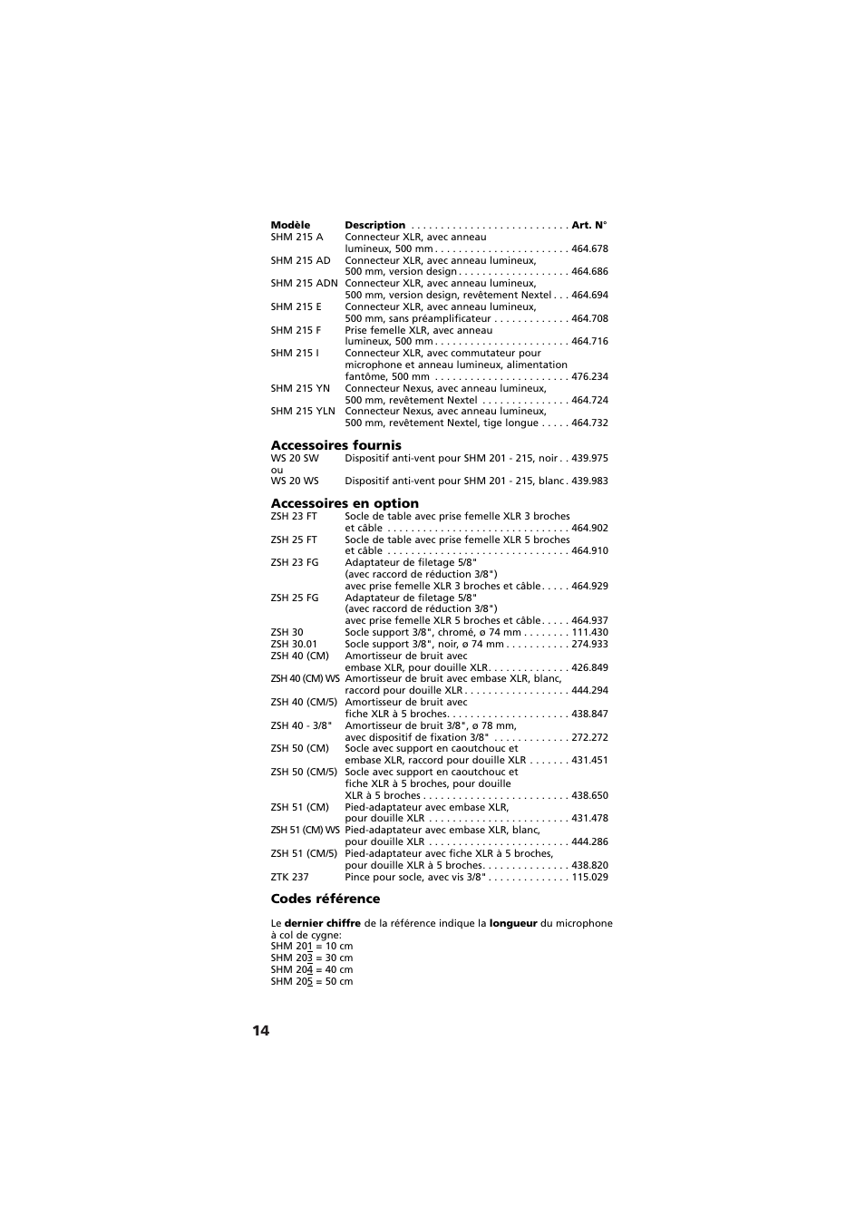 Accessoires fournis, Accessoires en option, Codes référence | Beyerdynamic SHM 201 - 215 User Manual | Page 14 / 20