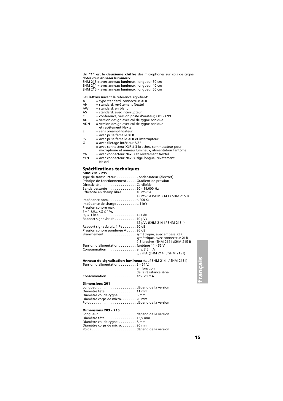 Spécifications techniques, Français | Beyerdynamic SHM 201 - 215 User Manual | Page 15 / 20