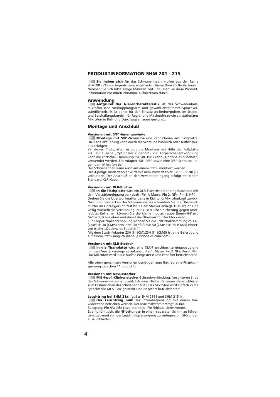 Anwendung, Montage und anschluss | Beyerdynamic SHM 201 - 215 User Manual | Page 4 / 20