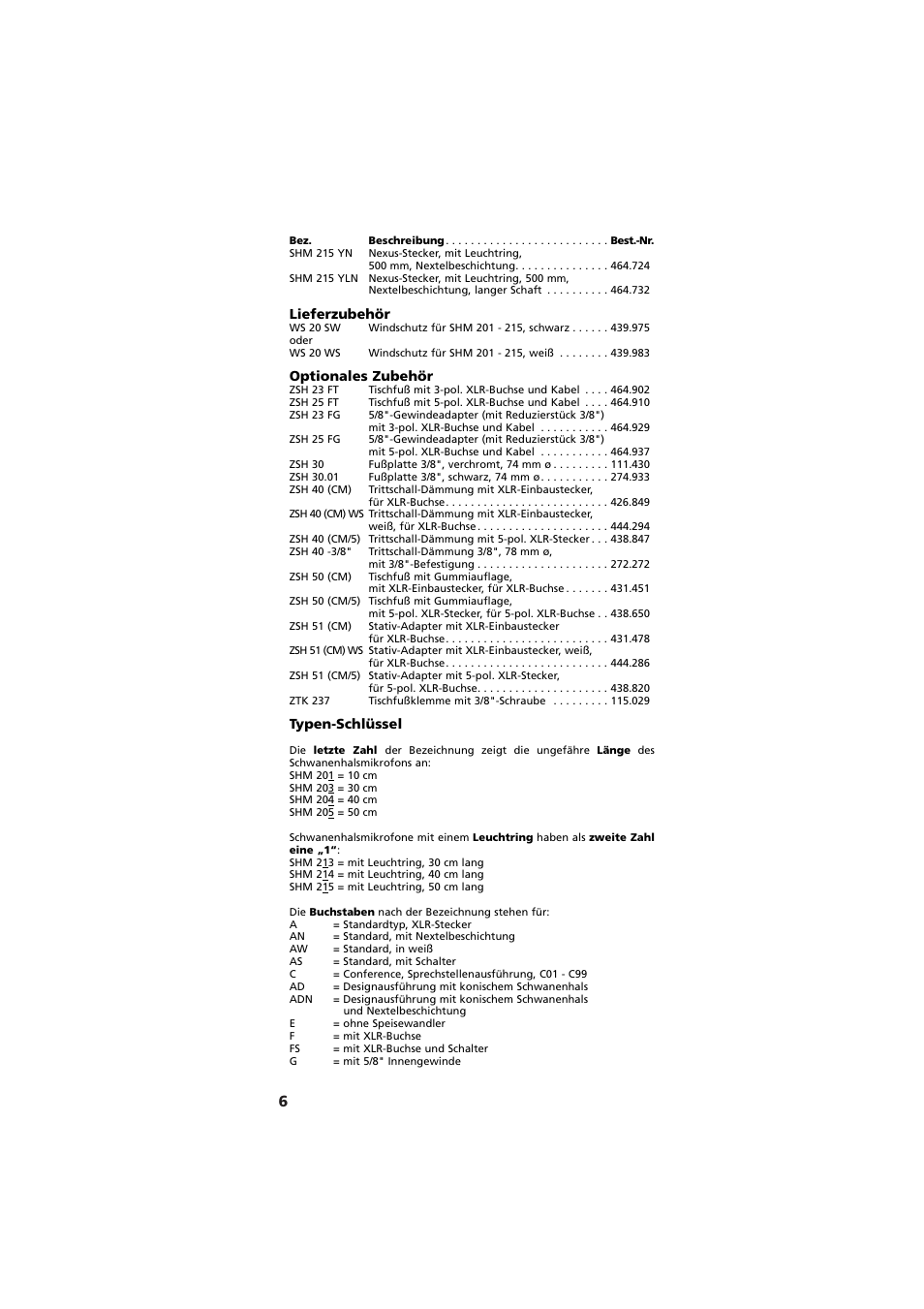 Lieferzubehör, Optionales zubehör, Typen-schlüssel | Beyerdynamic SHM 201 - 215 User Manual | Page 6 / 20