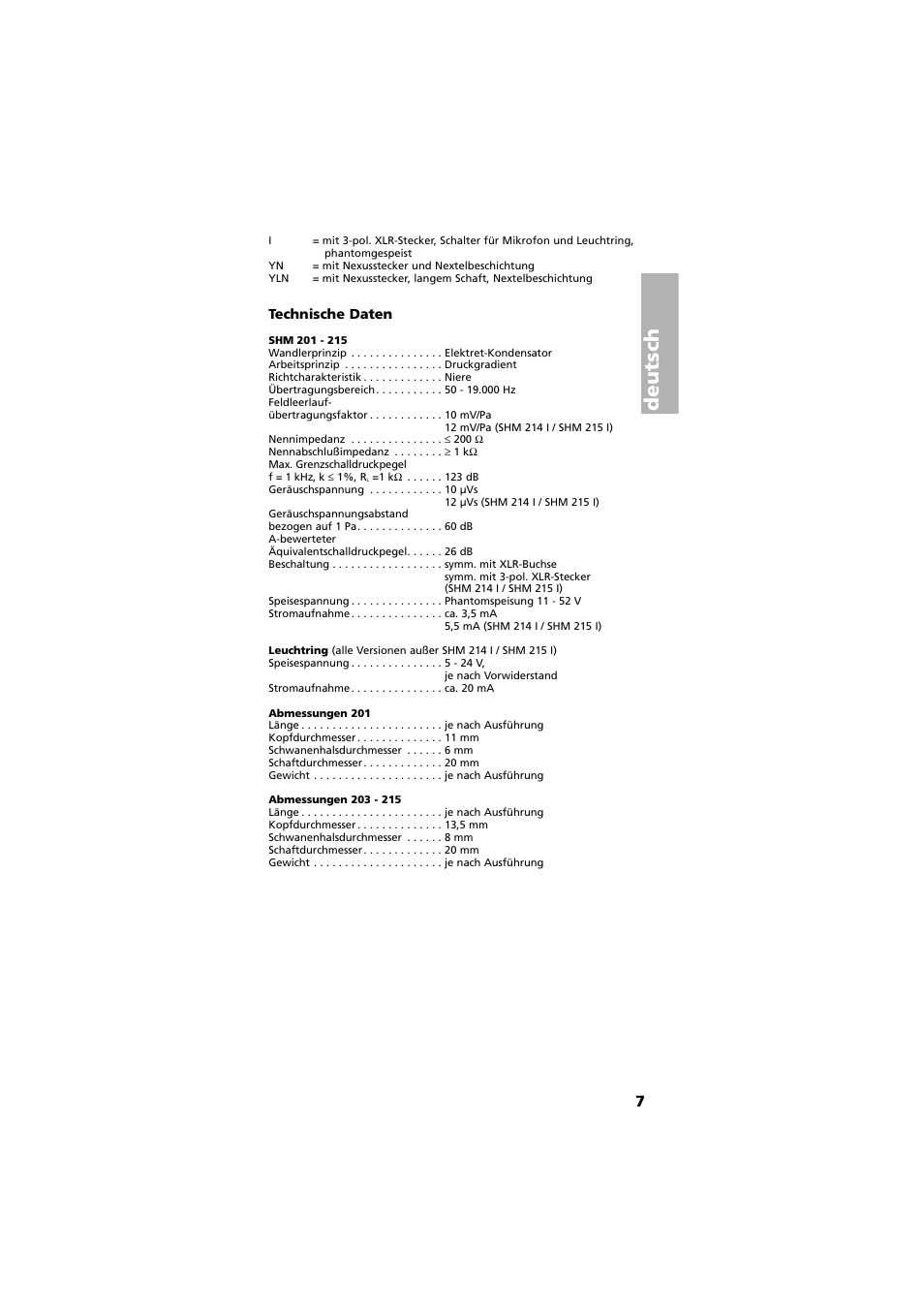 Technische daten, Deutsch | Beyerdynamic SHM 201 - 215 User Manual | Page 7 / 20