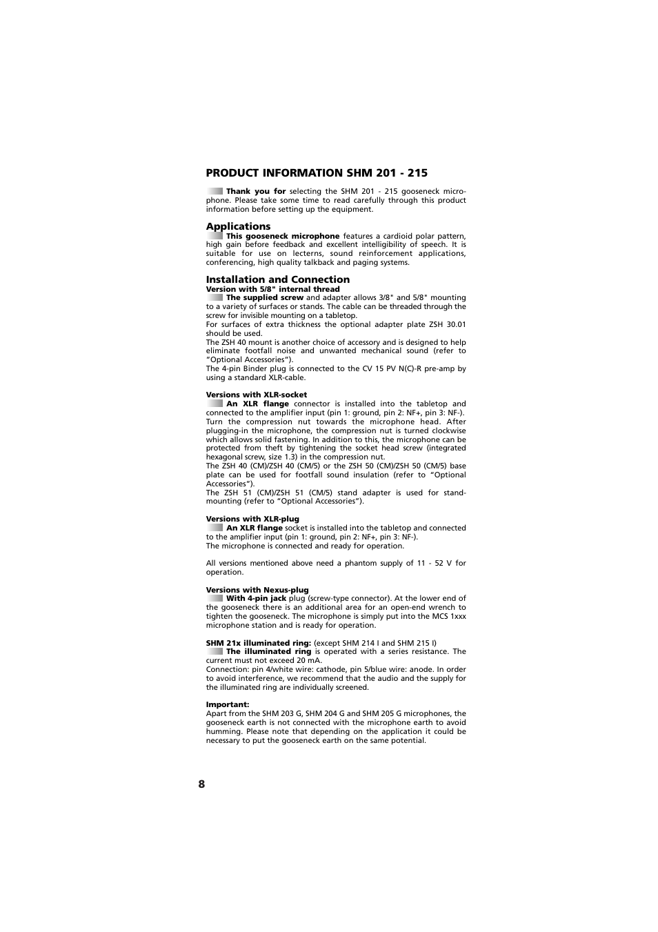 Applications, Installation and connection | Beyerdynamic SHM 201 - 215 User Manual | Page 8 / 20