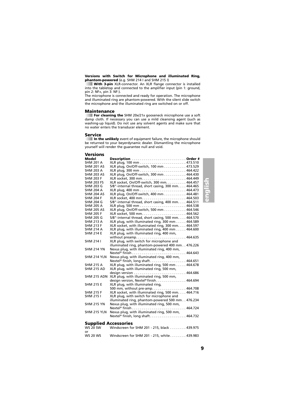 Maintenance, Service, Versions | Supplied accessories, English | Beyerdynamic SHM 201 - 215 User Manual | Page 9 / 20