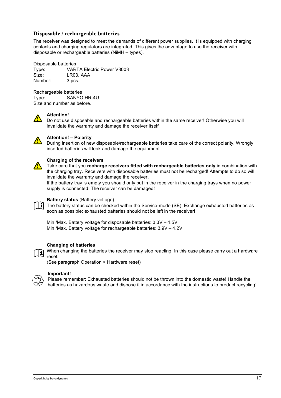 Disposable / rechargeable batteries | Beyerdynamic SIR 320 User Manual | Page 17 / 28