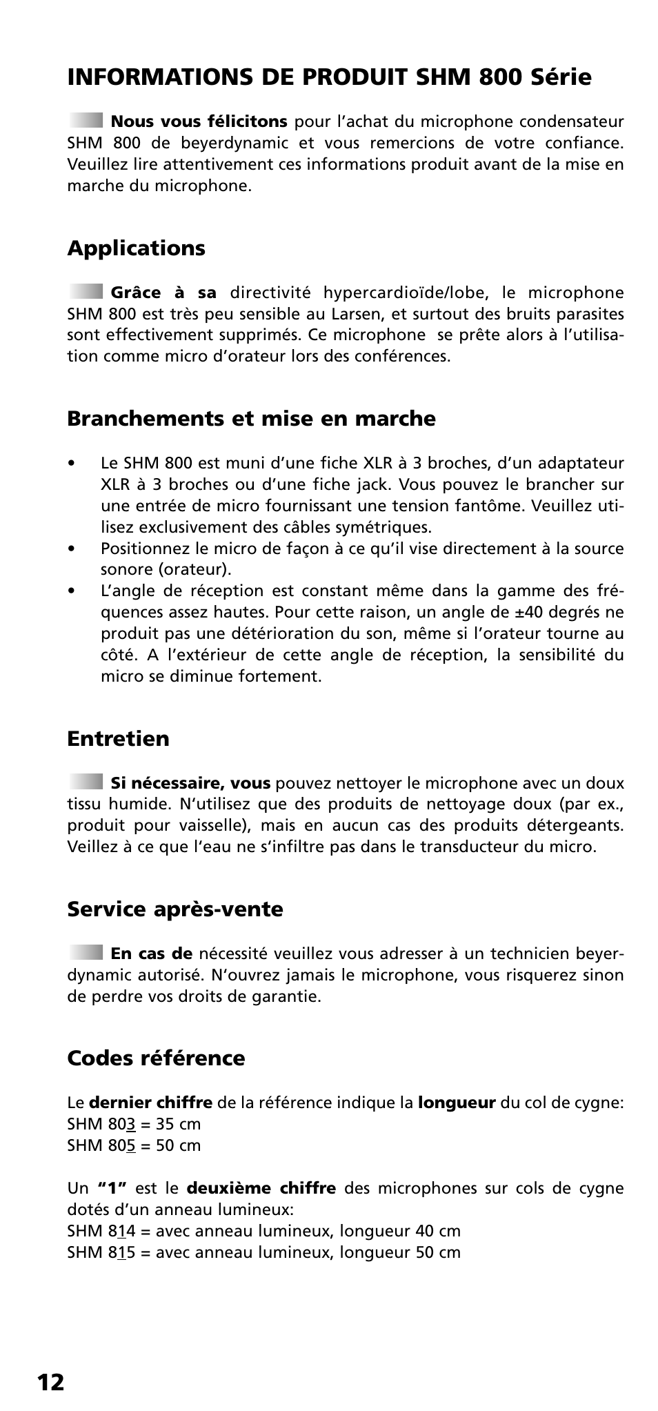 Applications, Branchements et mise en marche, Entretien | Service après-vente, Codes référence | Beyerdynamic SHM 800 Series User Manual | Page 12 / 16