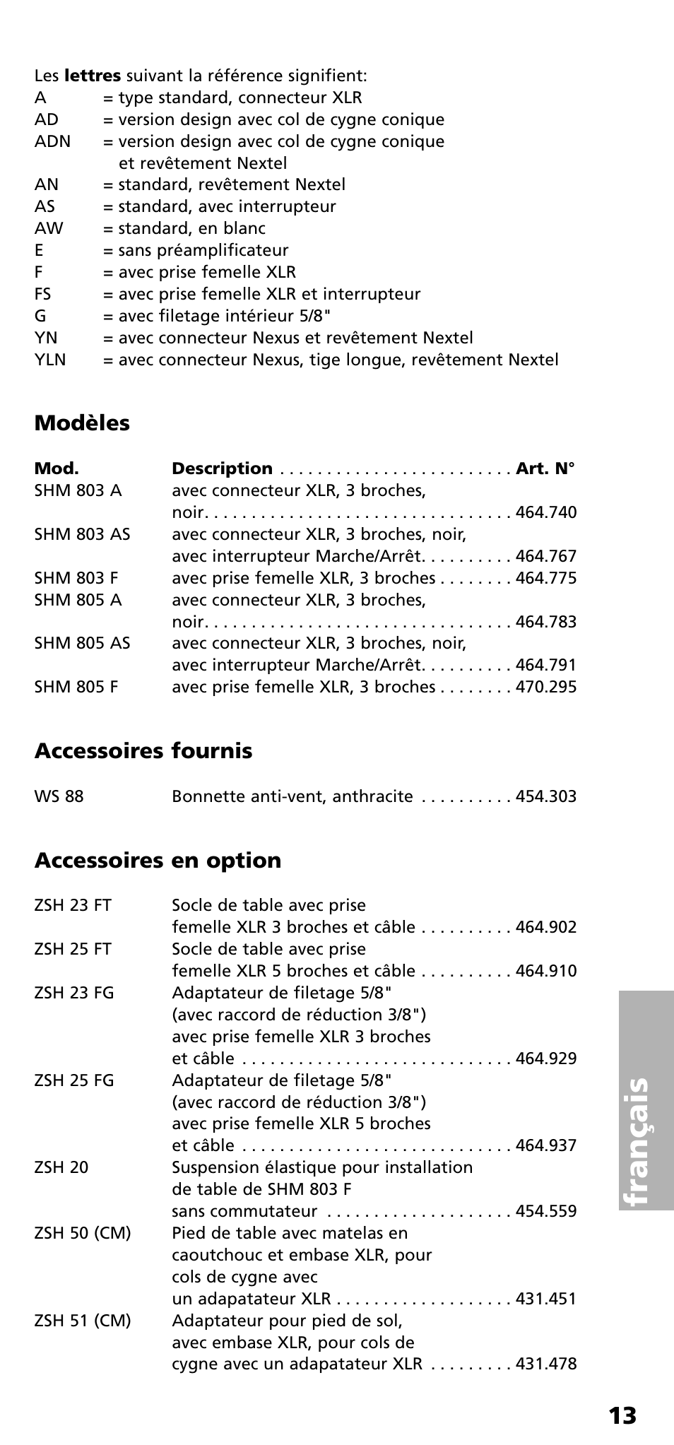 Français, Modèles, Accessoires fournis | Accessoires en option | Beyerdynamic SHM 800 Series User Manual | Page 13 / 16