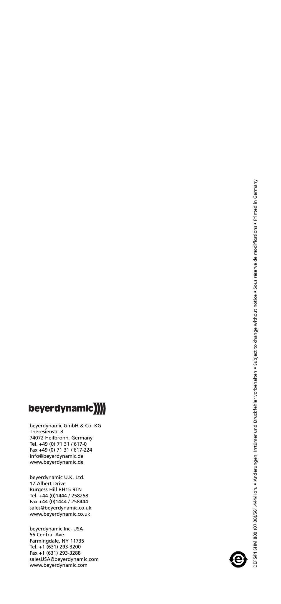 Beyerdynamic SHM 800 Series User Manual | Page 16 / 16