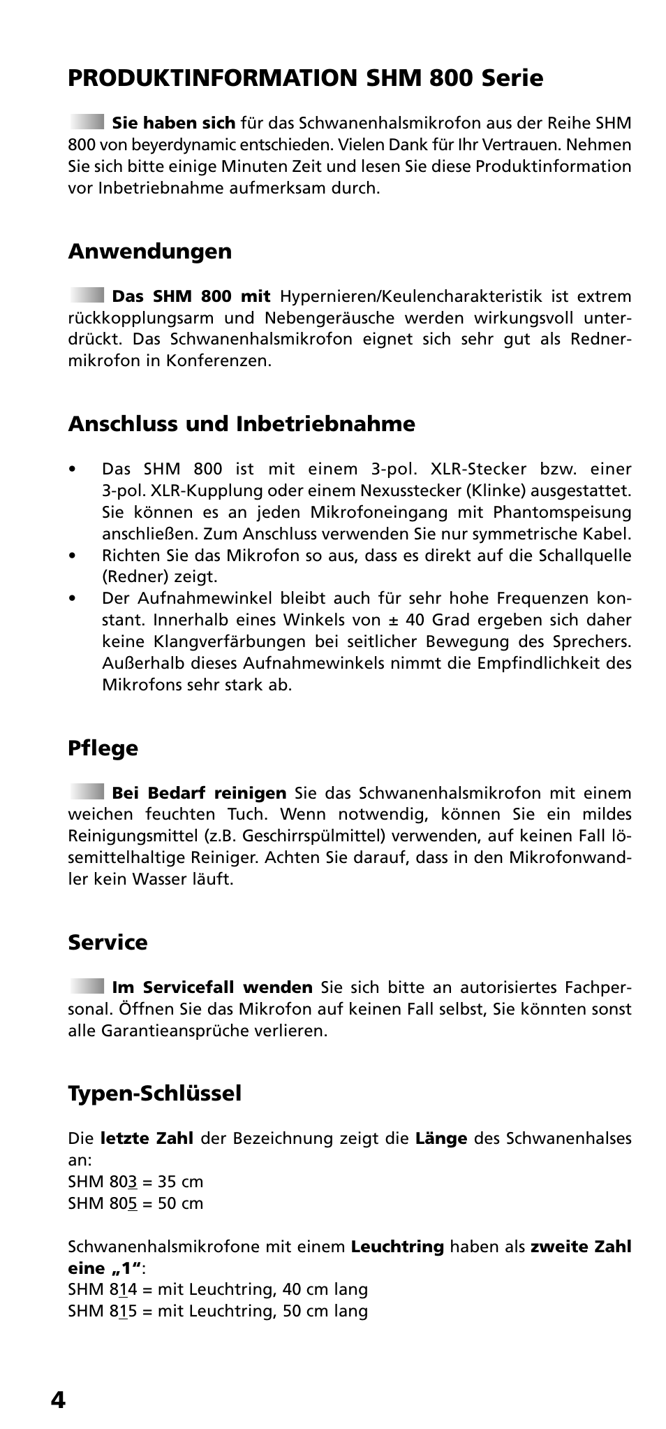 4produktinformation shm 800 serie, Anwendungen, Anschluss und inbetriebnahme | Pflege, Service, Typen-schlüssel | Beyerdynamic SHM 800 Series User Manual | Page 4 / 16