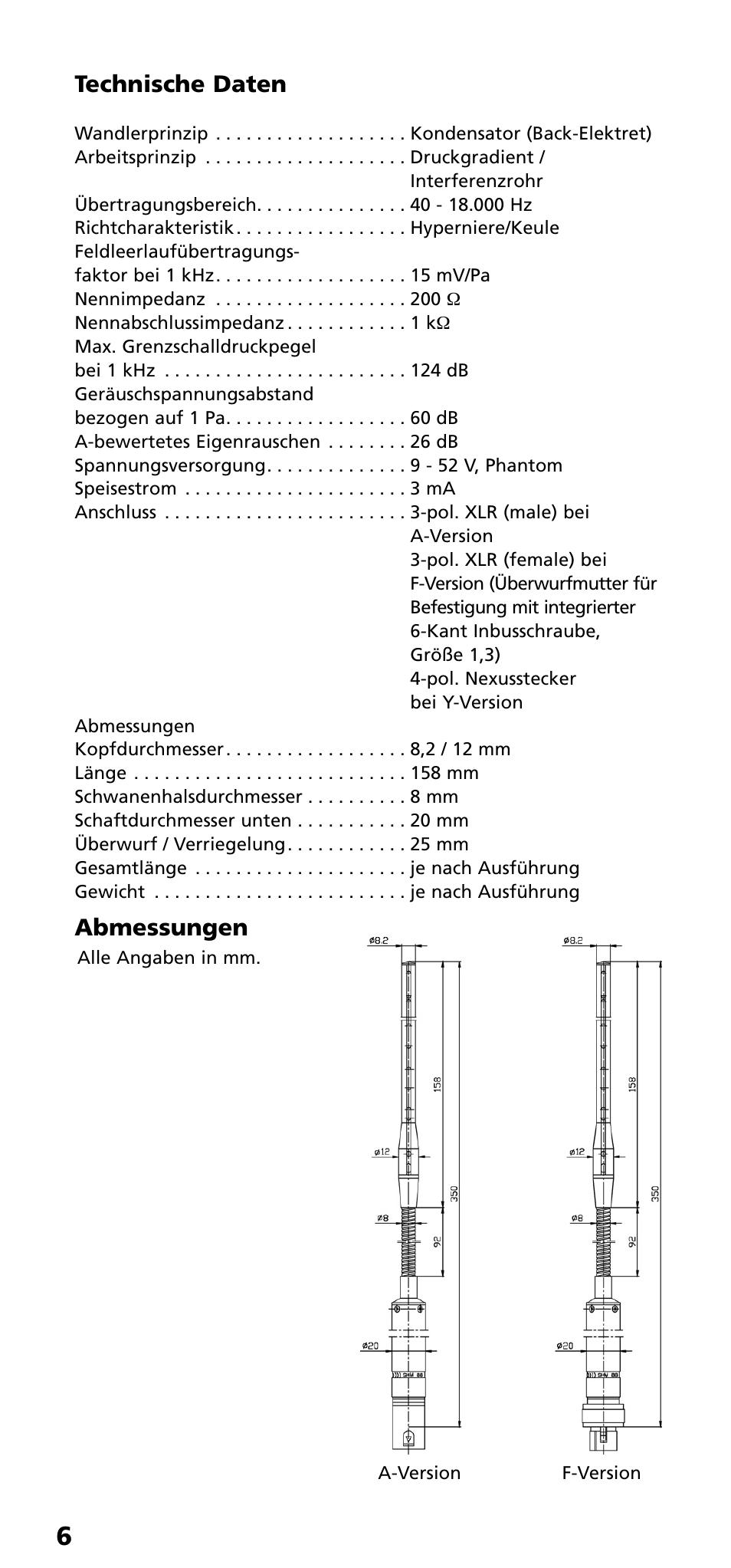 Technische daten, Abmessungen | Beyerdynamic SHM 800 Series User Manual | Page 6 / 16