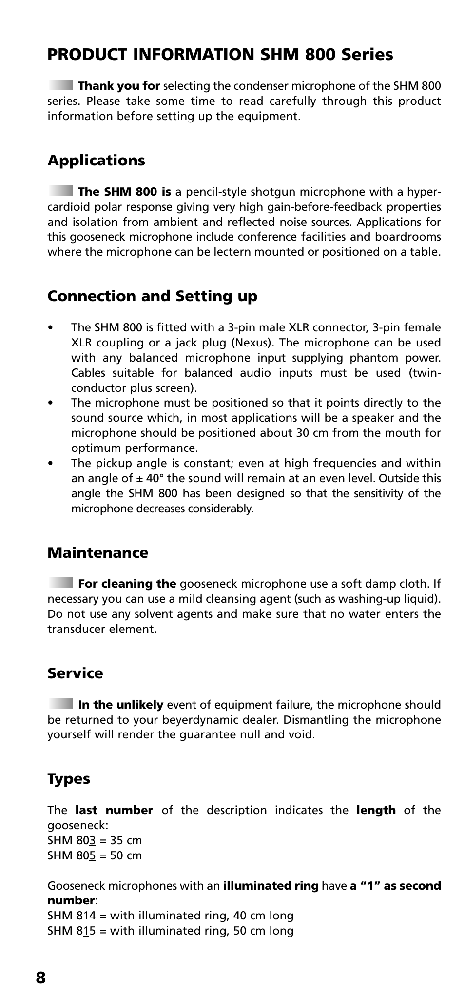 8product information shm 800 series, Applications, Connection and setting up | Maintenance, Service, Types | Beyerdynamic SHM 800 Series User Manual | Page 8 / 16