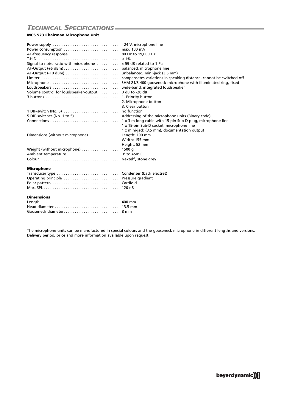 Echnical, Pecifications | Beyerdynamic MCS 523 User Manual | Page 2 / 6