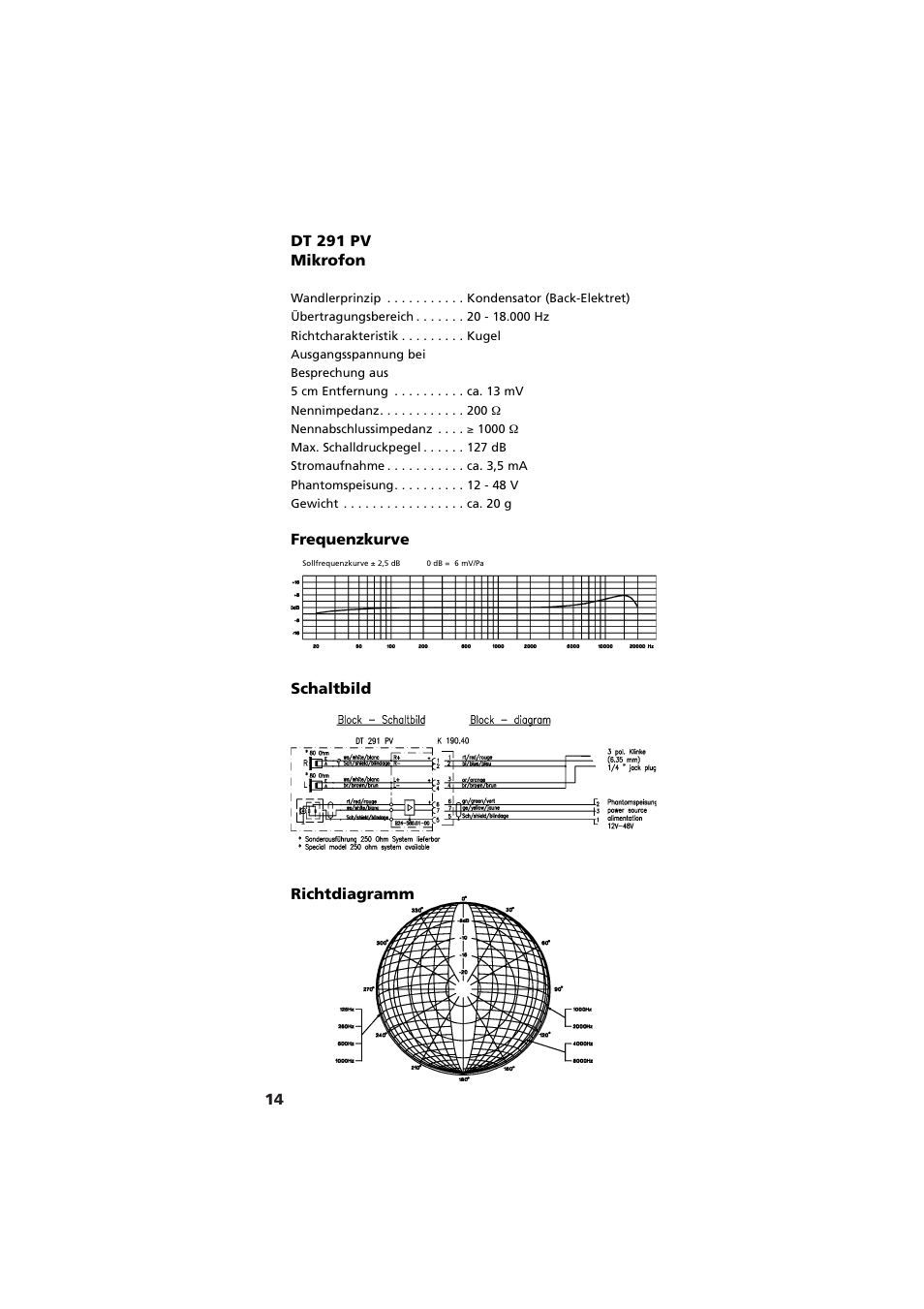 Dt 291 pv mikrofon, Frequenzkurve, Schaltbild | Richtdiagramm | Beyerdynamic DT 290 User Manual | Page 14 / 48