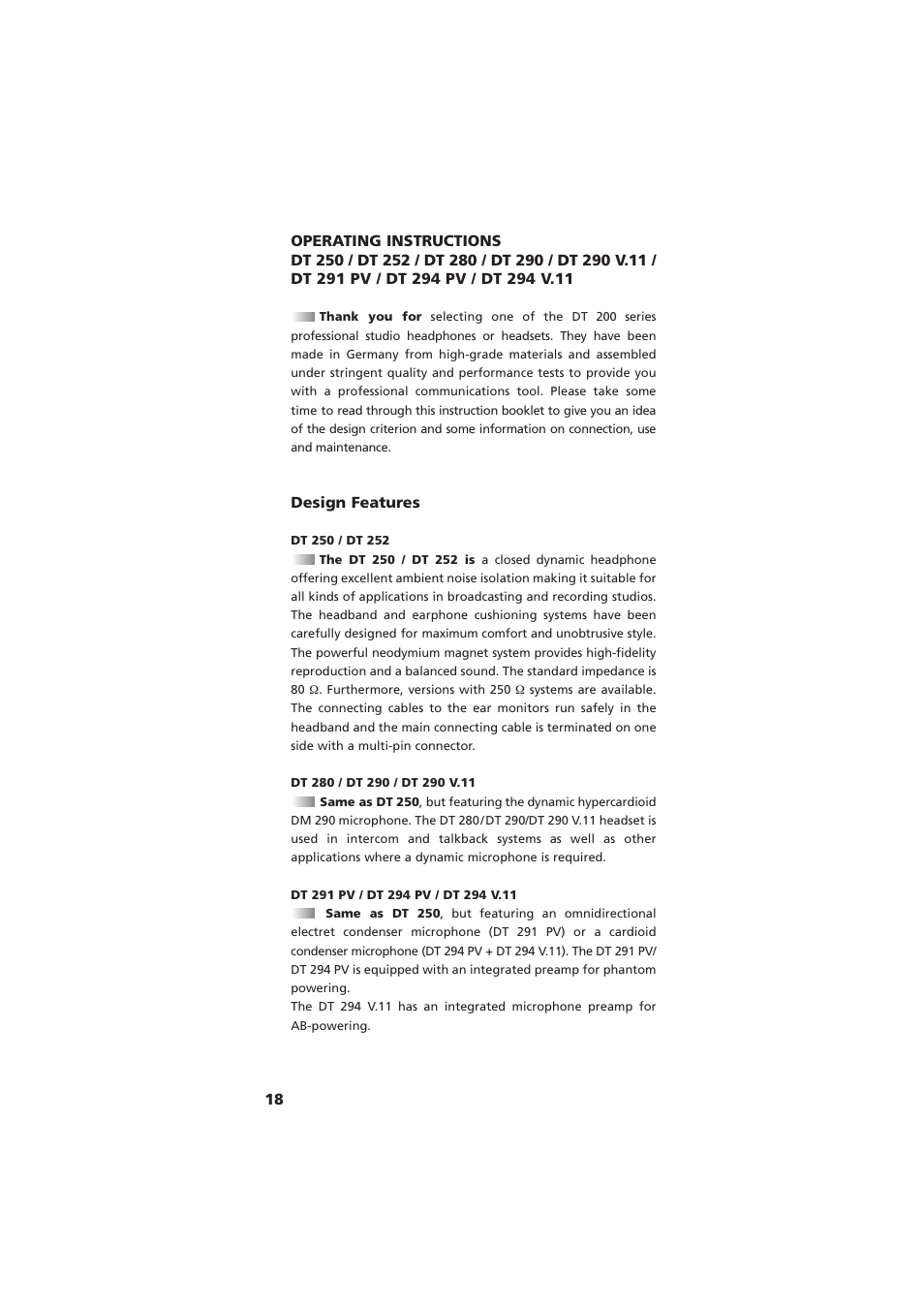 English - operating instructions, Design features | Beyerdynamic DT 290 User Manual | Page 18 / 48