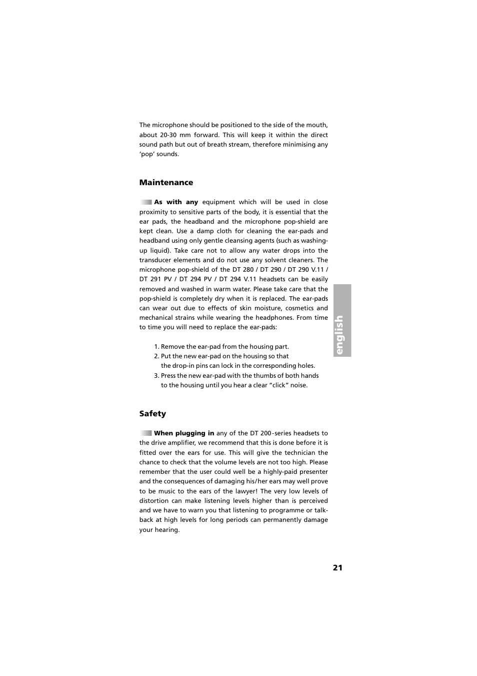 Maintenance, Safety, English | Beyerdynamic DT 290 User Manual | Page 21 / 48