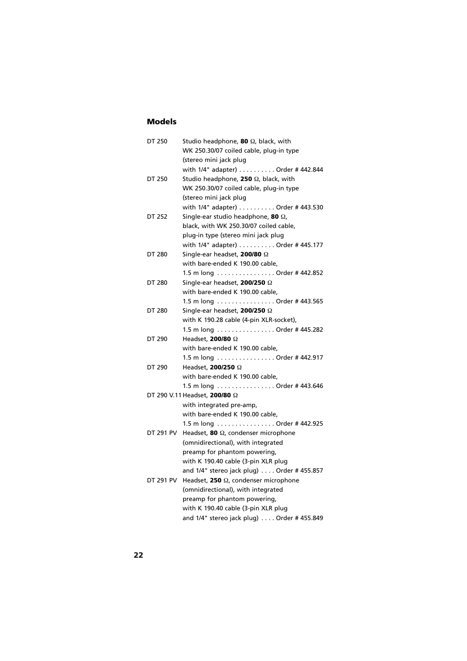 Models, 22 models | Beyerdynamic DT 290 User Manual | Page 22 / 48