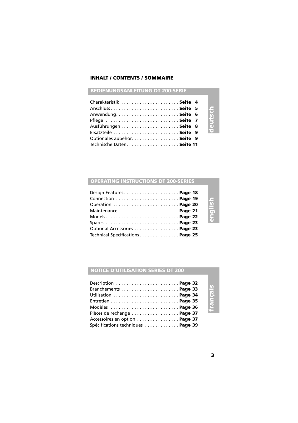 Inhalt / contents / sommaire, Deutsch english français | Beyerdynamic DT 290 User Manual | Page 3 / 48