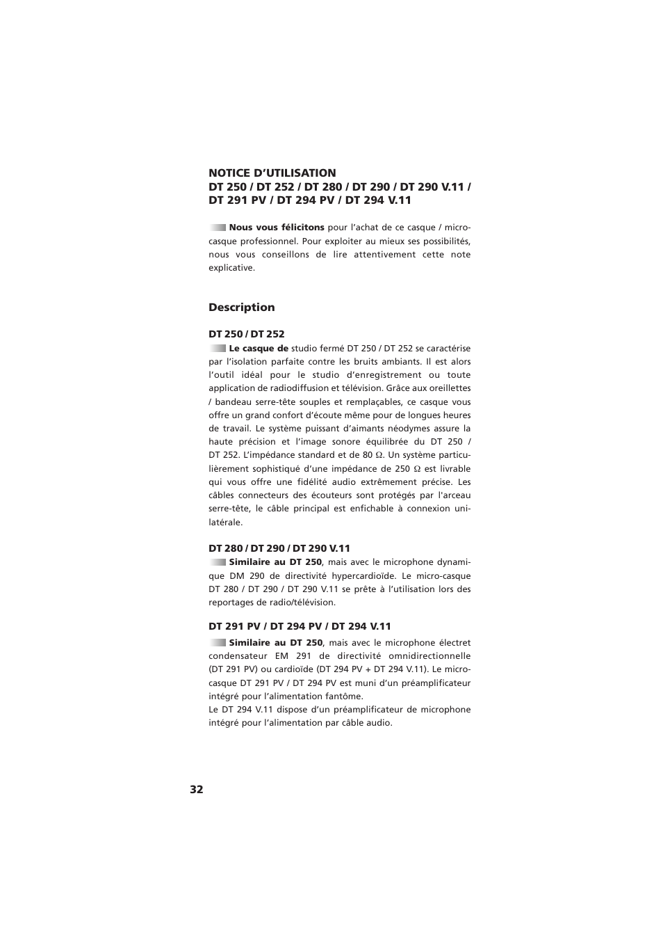 Français - notice d’utilisation, Description | Beyerdynamic DT 290 User Manual | Page 32 / 48