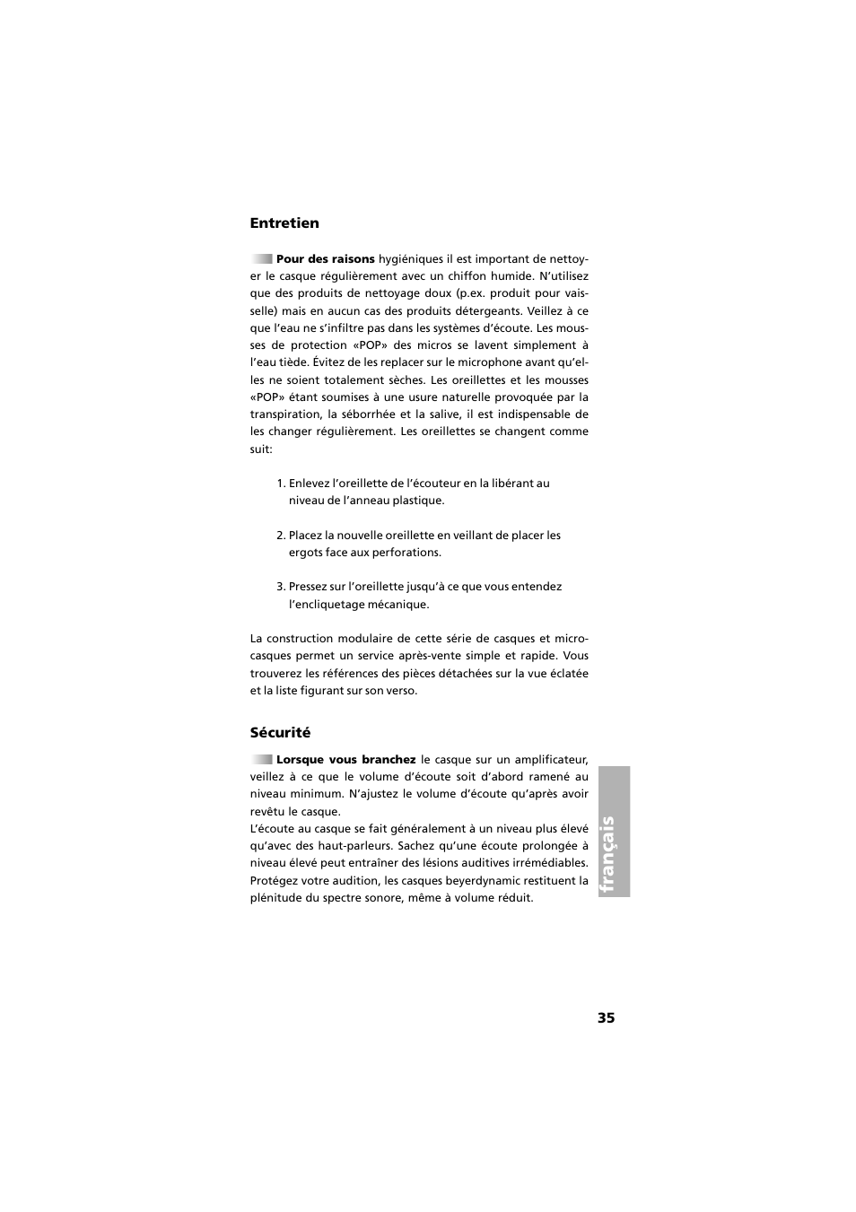 Entretien, Sécurité, Français | Beyerdynamic DT 290 User Manual | Page 35 / 48