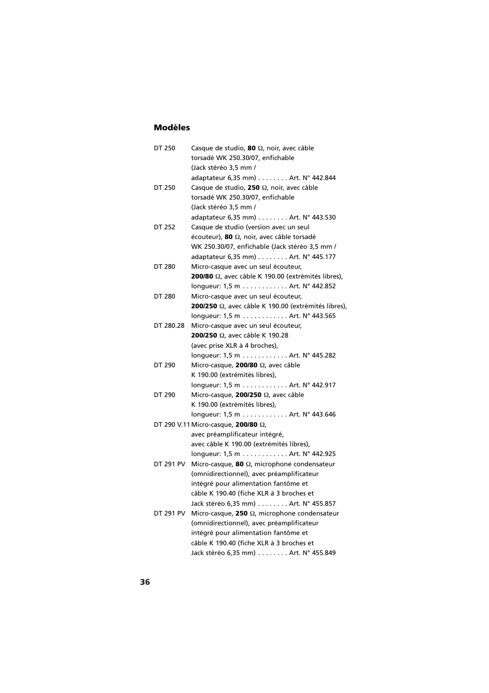 Modèles, 36 modèles | Beyerdynamic DT 290 User Manual | Page 36 / 48