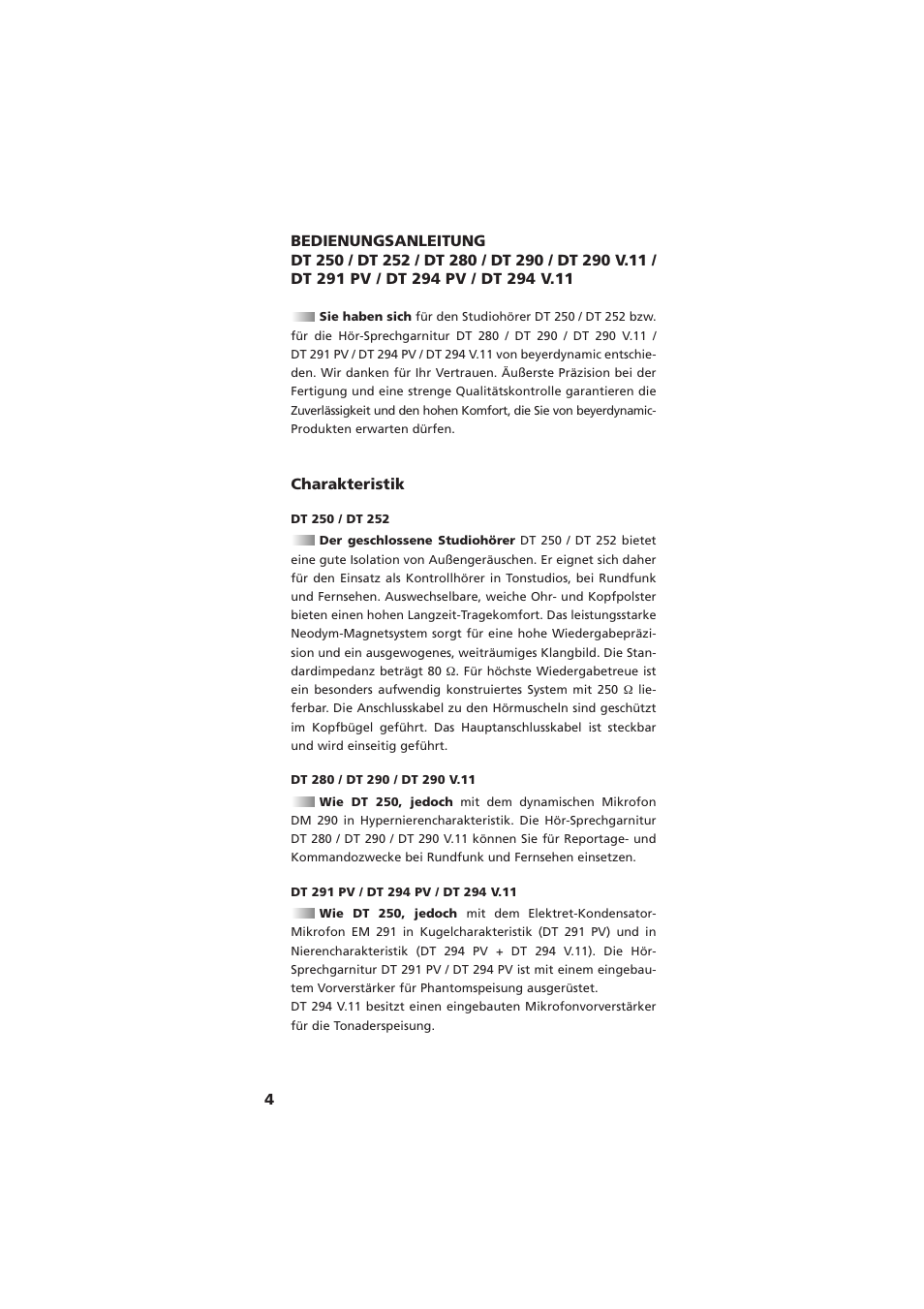 Deutsch - bedienungsanleitung, Charakteristik | Beyerdynamic DT 290 User Manual | Page 4 / 48