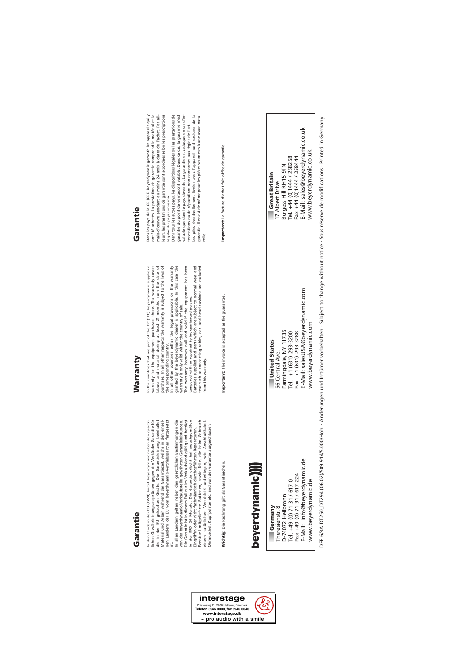 Garantie, Warranty, Interstage | Beyerdynamic DT 290 User Manual | Page 48 / 48