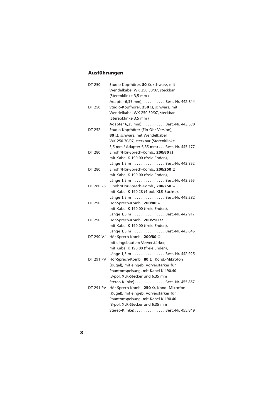 Ausführungen, 8ausführungen | Beyerdynamic DT 290 User Manual | Page 8 / 48