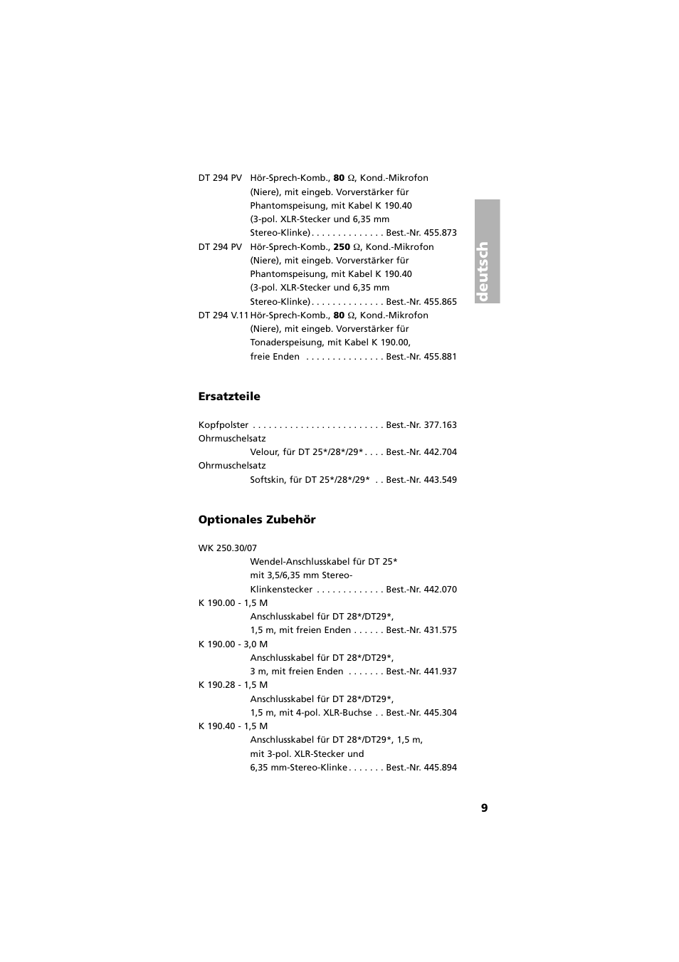 Ersatzteile, Optionales zubehör, Deutsch | Beyerdynamic DT 290 User Manual | Page 9 / 48