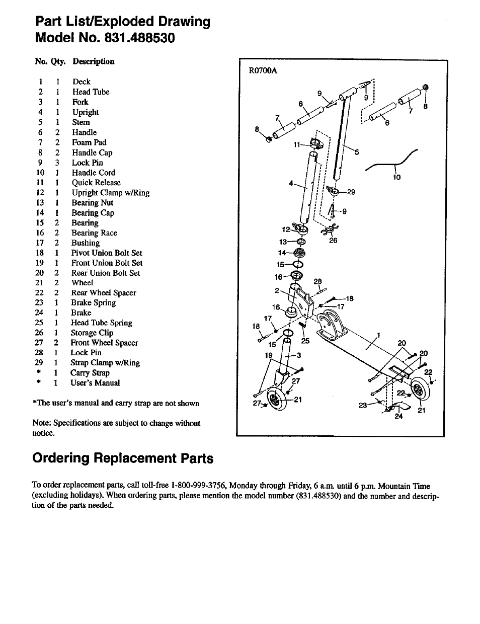 Part list/exploded drawing model no. 831.488530, No. qty. description, Ordering replacement parts | Blade ICE 831.48853 User Manual | Page 3 / 4