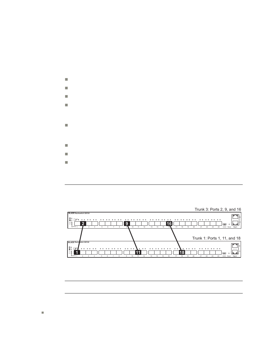 Trunk group configuration rules, Port trunking example, Trunk group configuration rules” on | Etherchannel | Blade ICE RACKSWITCH G8124-E User Manual | Page 104 / 388