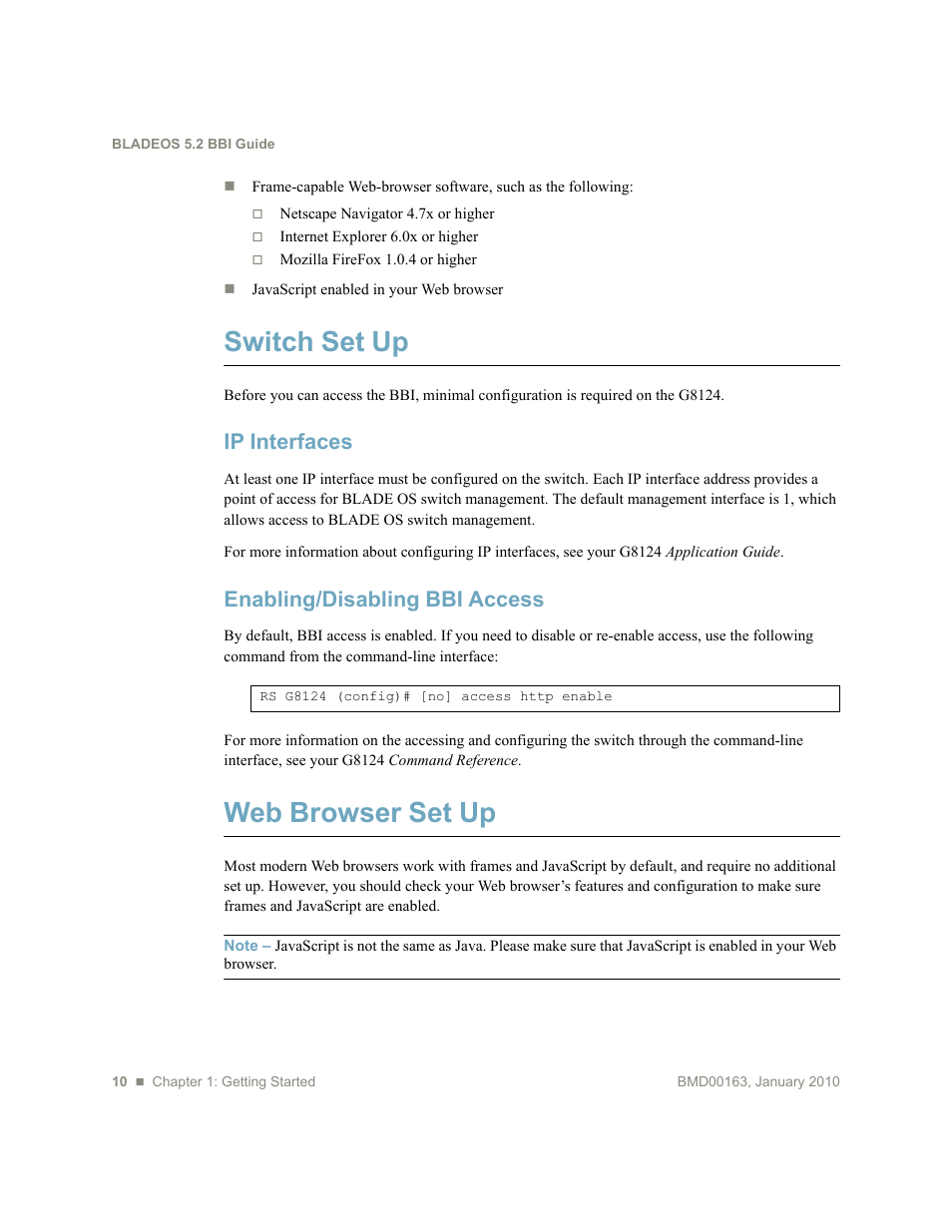 Switch set up, Ip interfaces, Enabling/disabling bbi access | Web browser set up | Blade ICE BLADEOS G8124 User Manual | Page 10 / 28