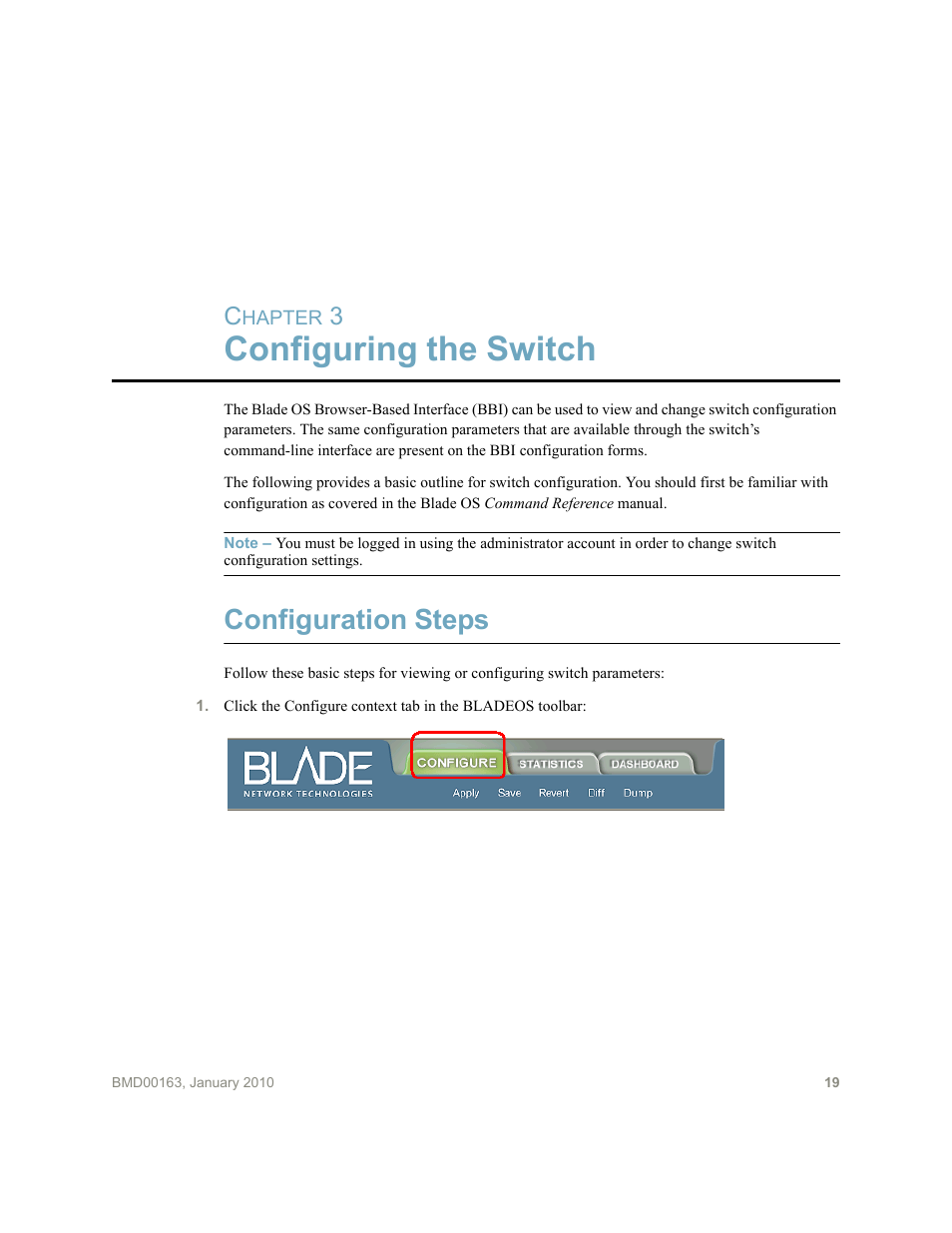 Configuring the switch, Configuration steps, Chapter 3: configuring the switch | Blade ICE BLADEOS G8124 User Manual | Page 19 / 28
