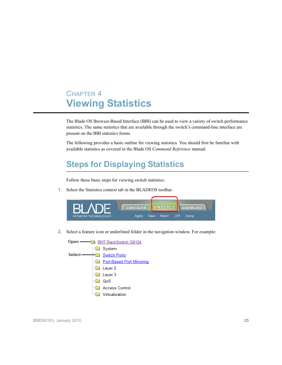 Viewing statistics, Steps for displaying statistics, Chapter 4: viewing statistics | Blade ICE BLADEOS G8124 User Manual | Page 25 / 28