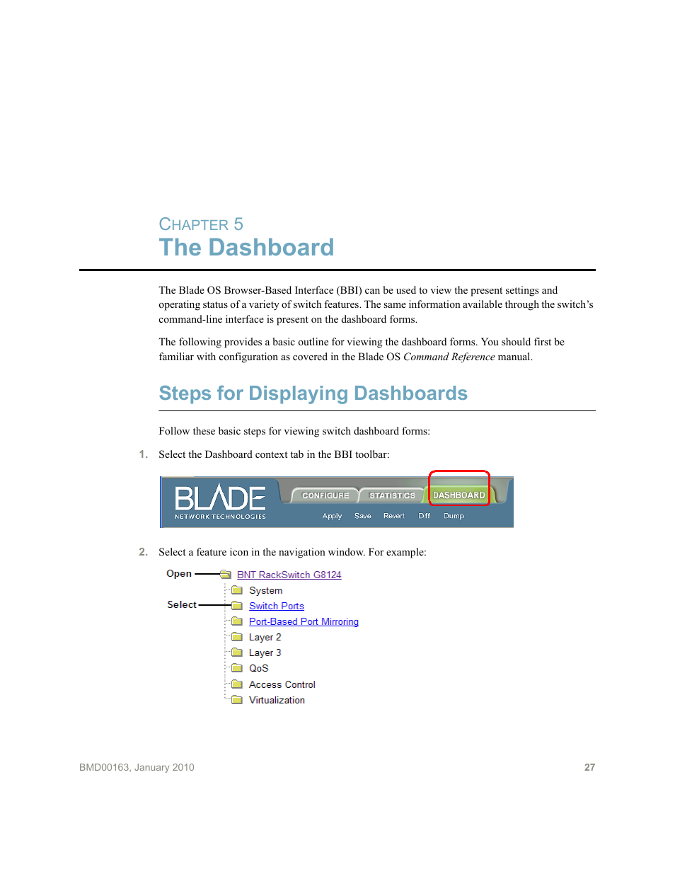 The dashboard, Steps for displaying dashboards | Blade ICE BLADEOS G8124 User Manual | Page 27 / 28
