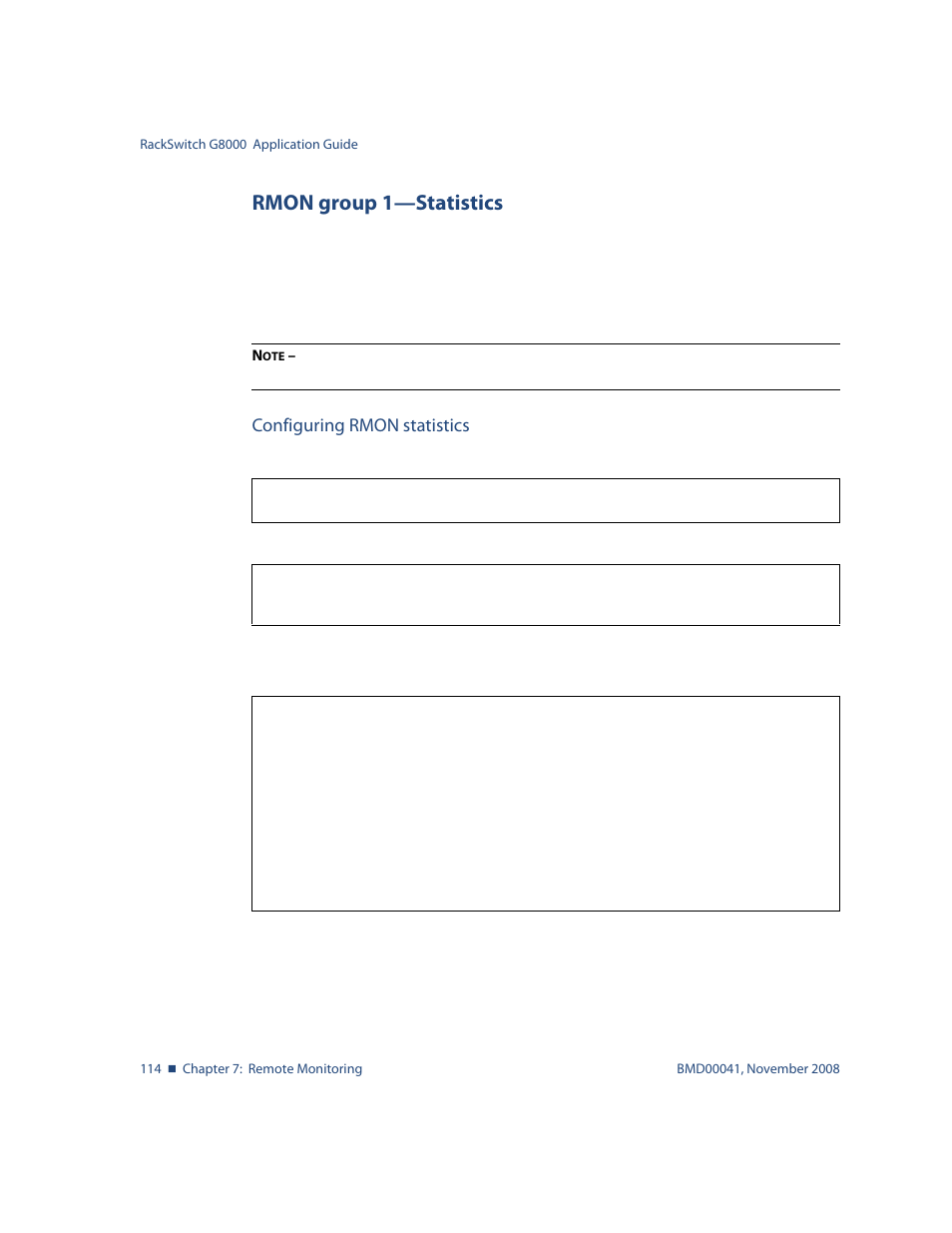 Rmon group 1-statistics, Configuring rmon statistics, Rmon group 1—statistics 114 | Rmon group 1—statistics | Blade ICE G8000 User Manual | Page 114 / 145