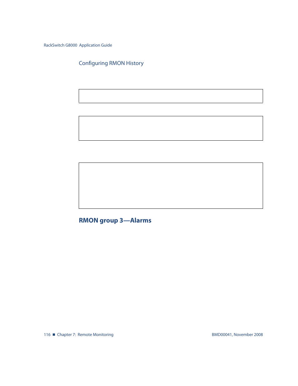 Configuring rmon history, Rmon group 3-alarms, Rmon group 3—alarms 116 | Rmon group 3—alarms | Blade ICE G8000 User Manual | Page 116 / 145