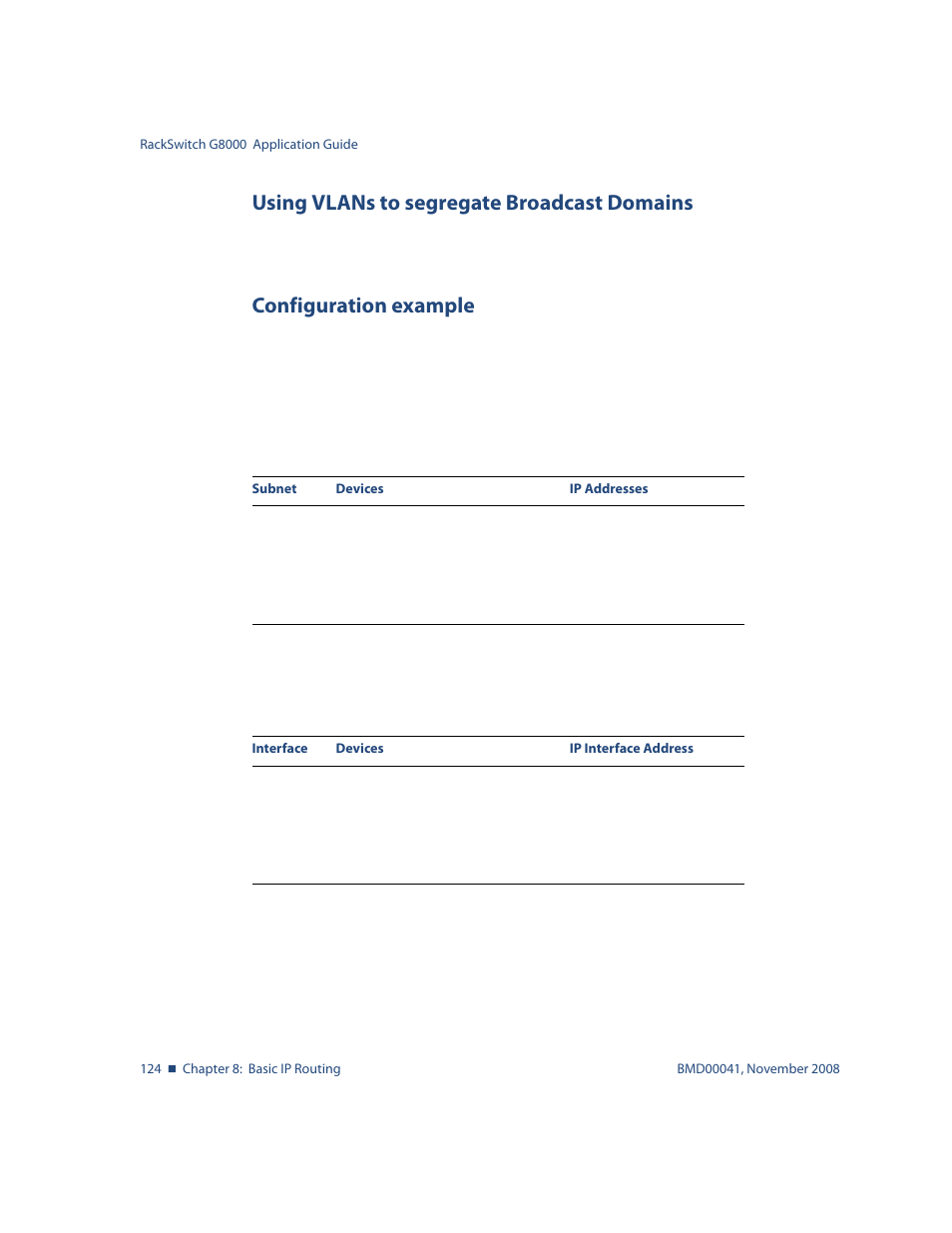 Using vlans to segregate broadcast domains, Configuration example, Table 8-1 | Subnet routing example: ip address assignments 124, Table 8-2 | Blade ICE G8000 User Manual | Page 124 / 145