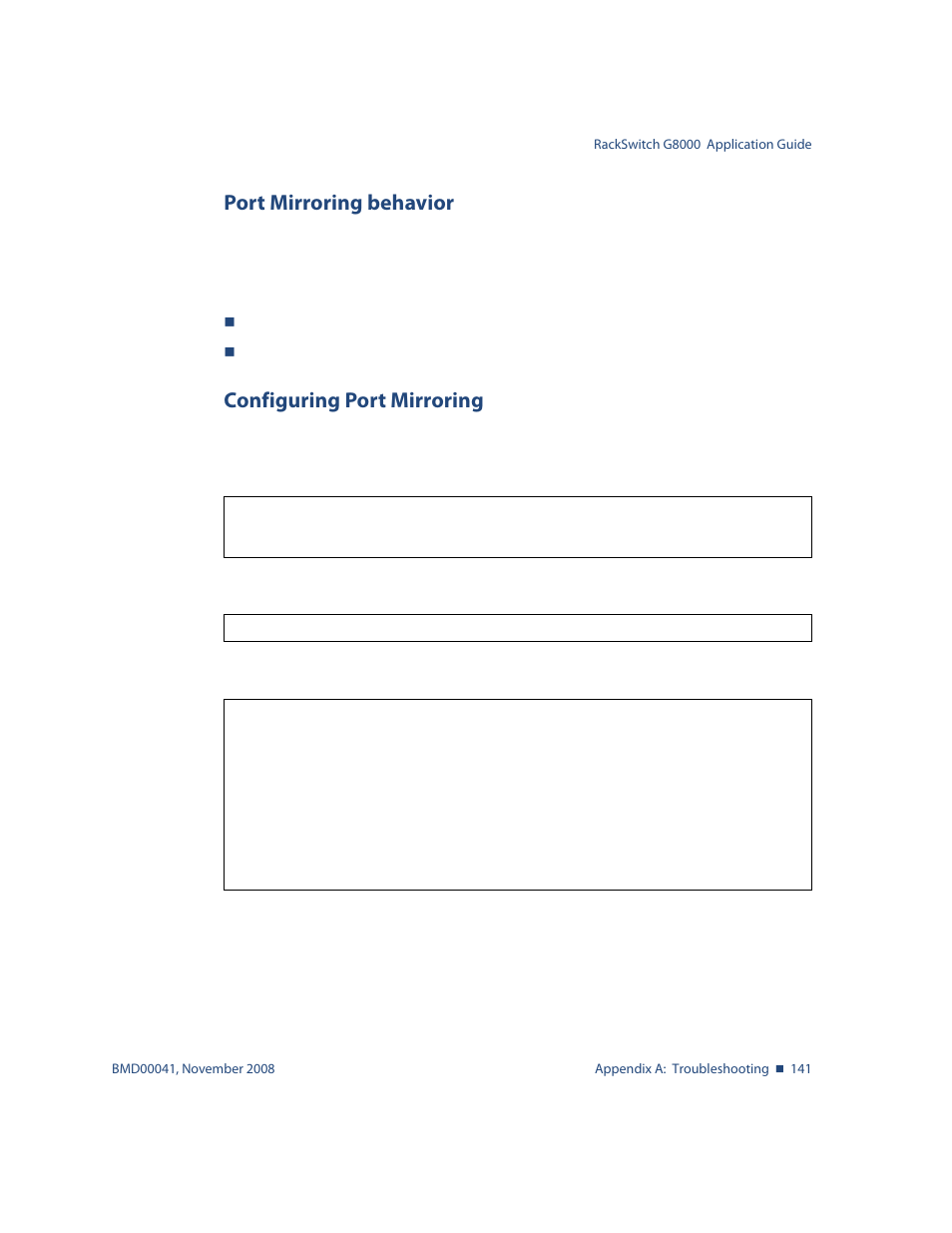 Port mirroring behavior, Configuring port mirroring | Blade ICE G8000 User Manual | Page 141 / 145