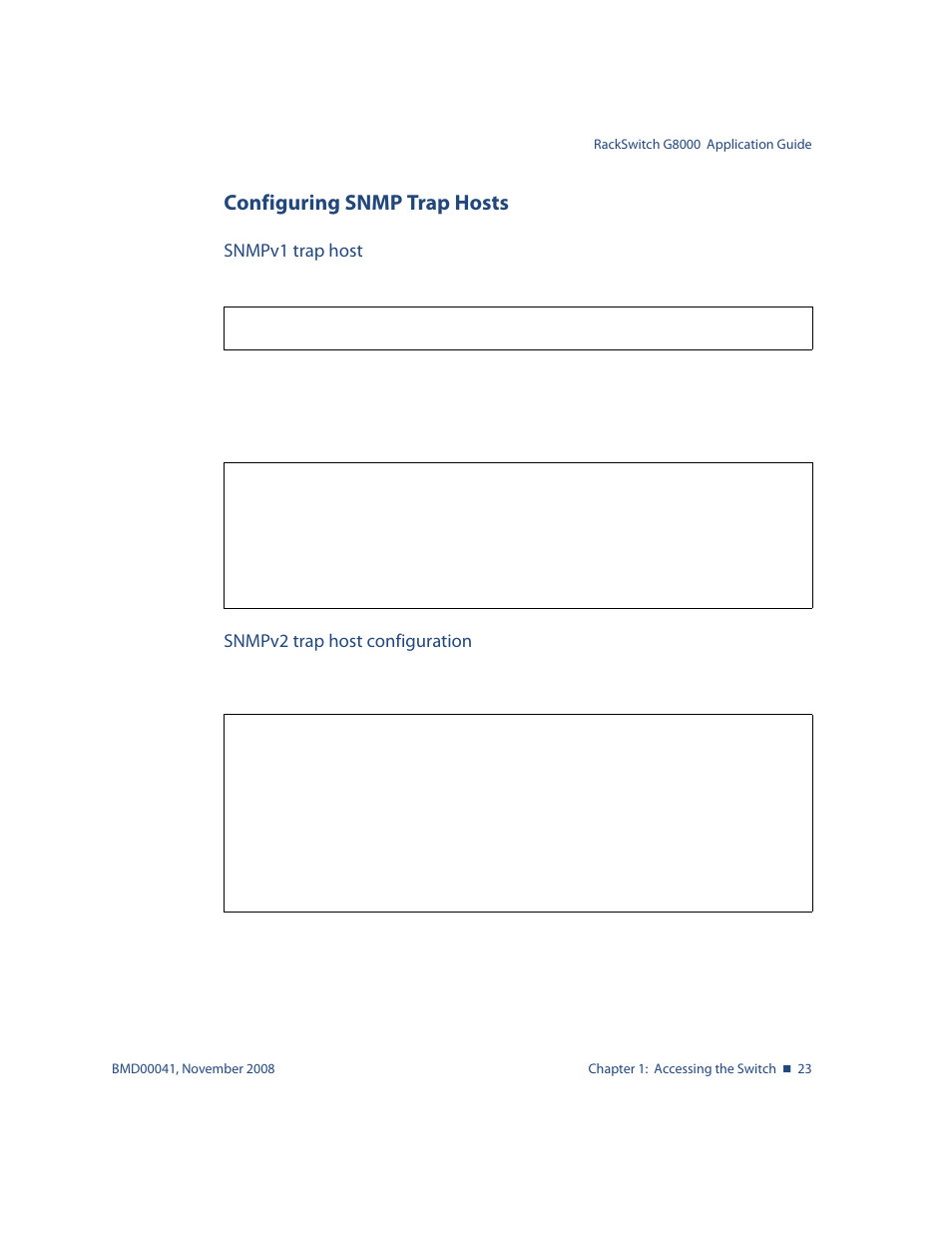Configuring snmp trap hosts, Snmpv1 trap host, Snmpv2 trap host configuration | Configuring snmp trap hosts 23 | Blade ICE G8000 User Manual | Page 23 / 145