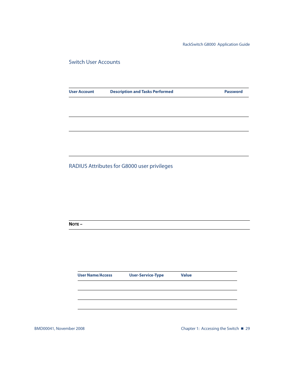 Switch user accounts, Radius attributes for g8000 user privileges, Table 1-1 | User access levels 29, Table 1-2, Blade os-proprietary attributes for radius 29 | Blade ICE G8000 User Manual | Page 29 / 145
