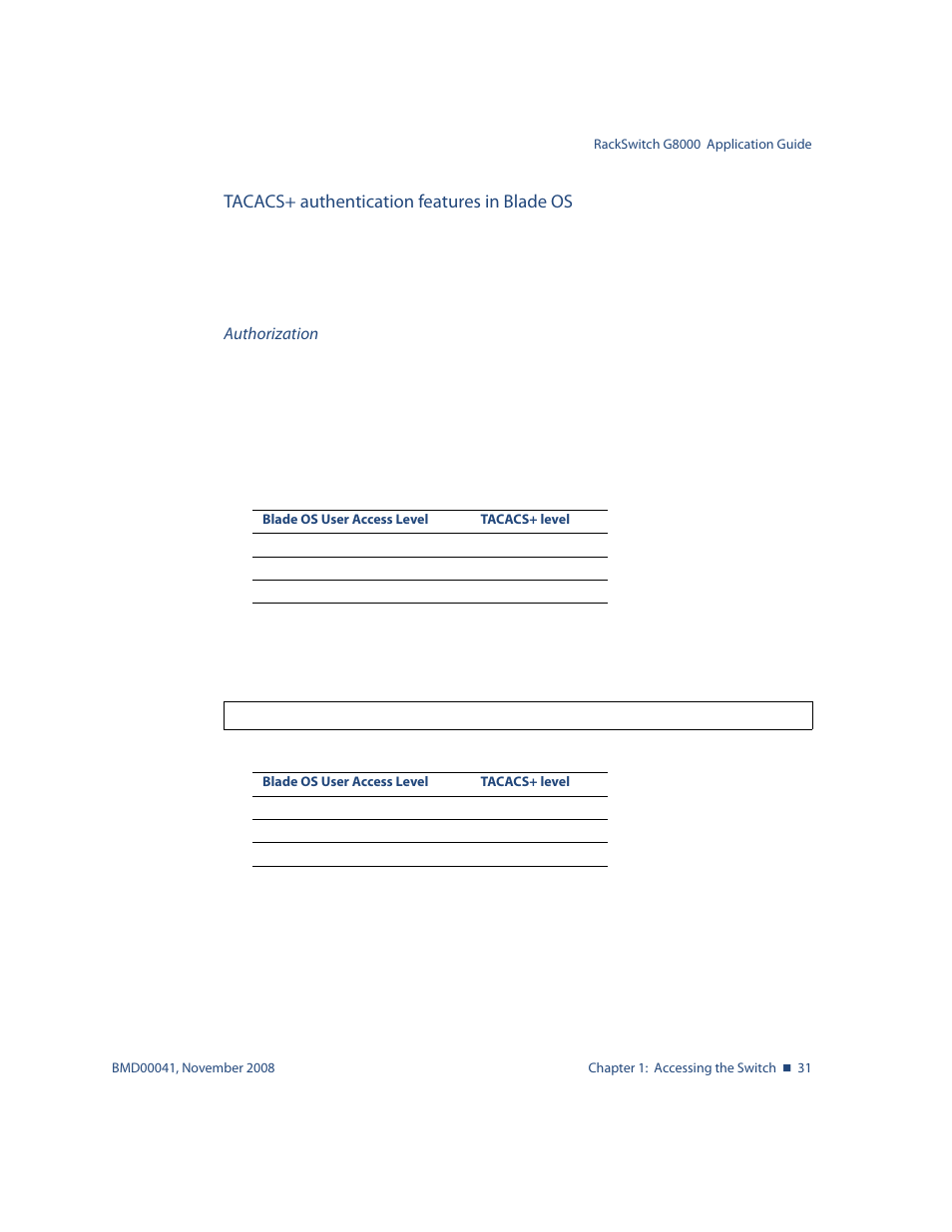 Tacacs+ authentication features in blade os, Table 1-3, Default tacacs+ authorization levels 31 | Table 1-4, Alternate tacacs+ authorization levels 31 | Blade ICE G8000 User Manual | Page 31 / 145