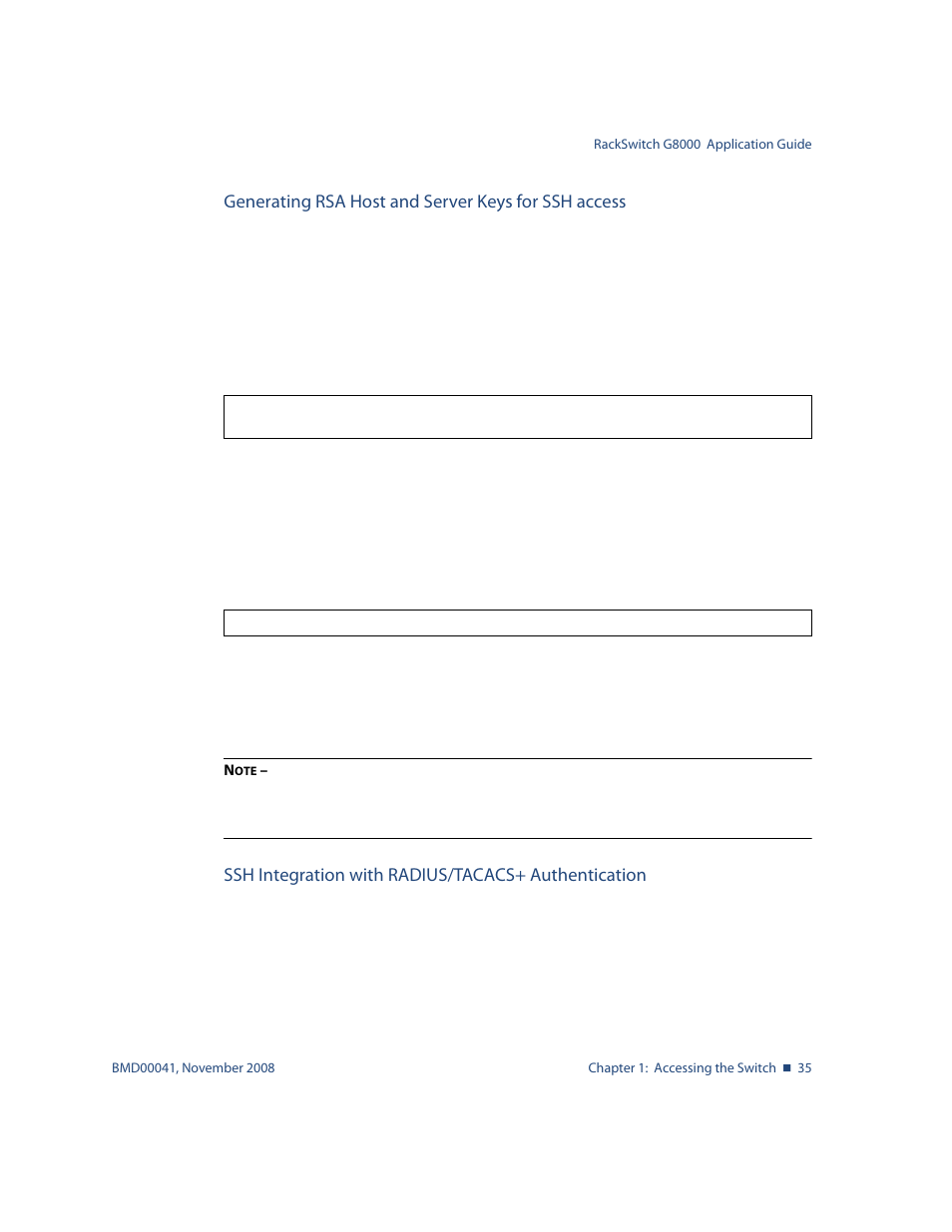 Generating rsa host and server keys for ssh access, Ssh integration with radius/tacacs+ authentication | Blade ICE G8000 User Manual | Page 35 / 145