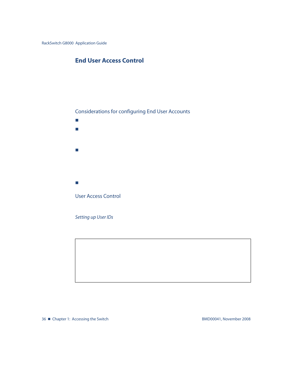 End user access control, Considerations for configuring end user accounts, User access control | End user access control 36 | Blade ICE G8000 User Manual | Page 36 / 145